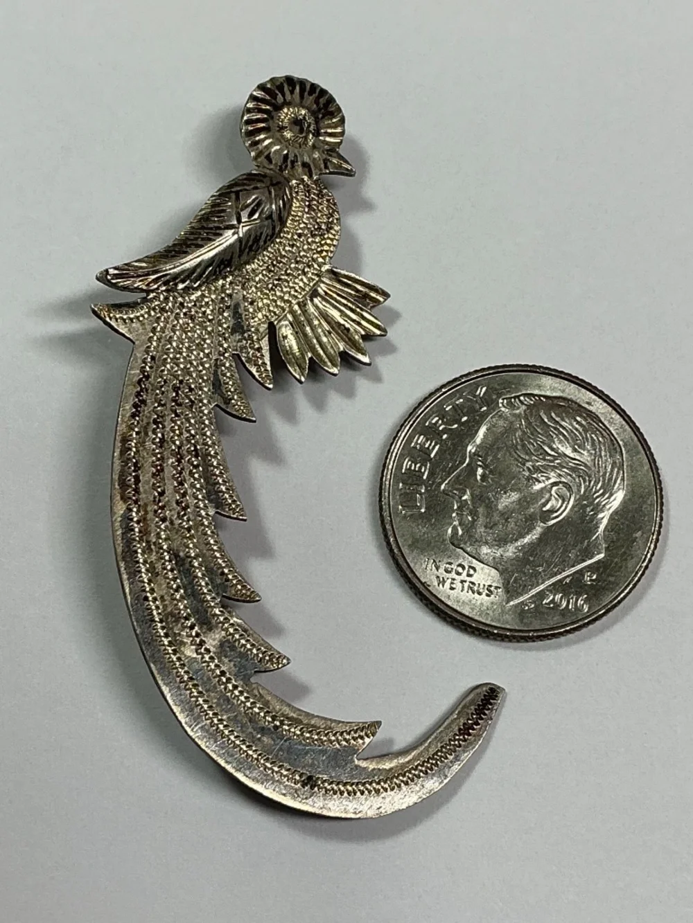 Vintage 900 Silver Guatemalan Quetzal Brooch. 1 and 7/8 inches long
